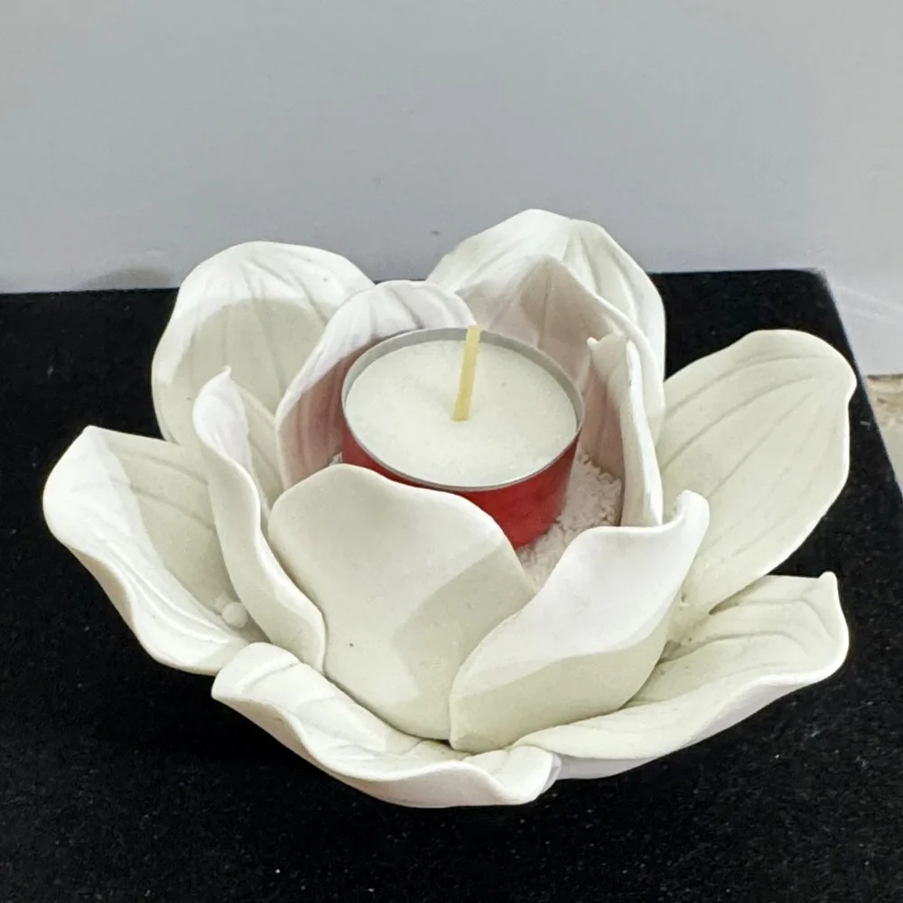Threshold Tealight Candle Holder Porcelain White Flower Decoration (pair)